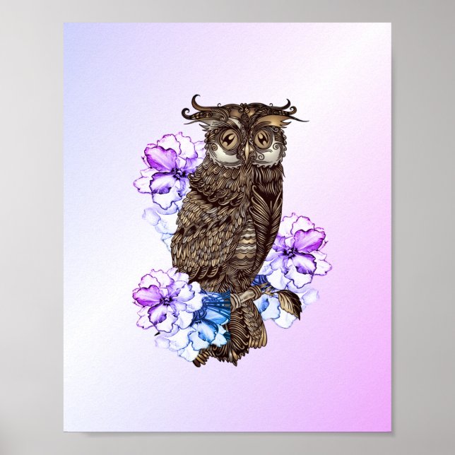 Affiche Hibou Brun Fleurs Violettes  (Devant)