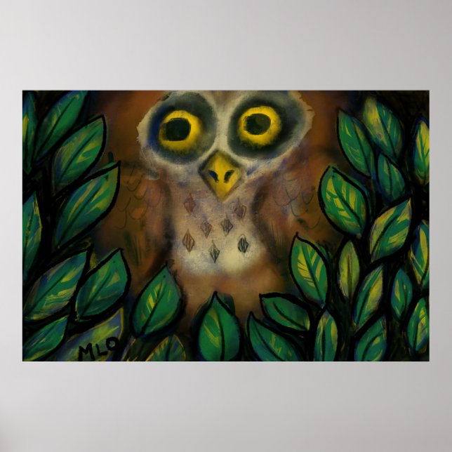 Affiche Hibou dans un arbre feuillu (Devant)