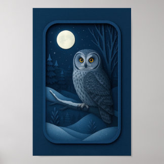 Affiche Hibou des neiges au clair de lune