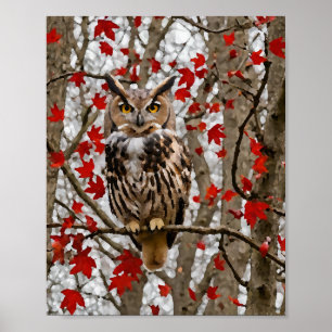 Affiche Hibou et feuilles d'érable