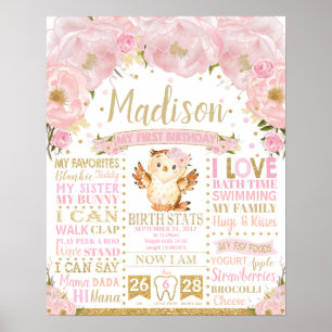 Affiche Hibou Floral Rose Jalons de 1er Anniversaire Stati