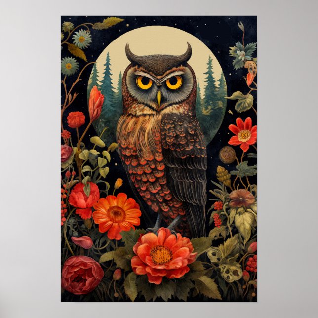 Affiche Hibou la nuit avec une pleine lune (Devant)