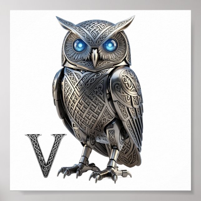 Affiche Hibou mécanique celtique argent Steampunk (Devant)