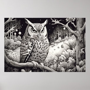 Affiche Hibou Nature paisible Prairie Style de dessin