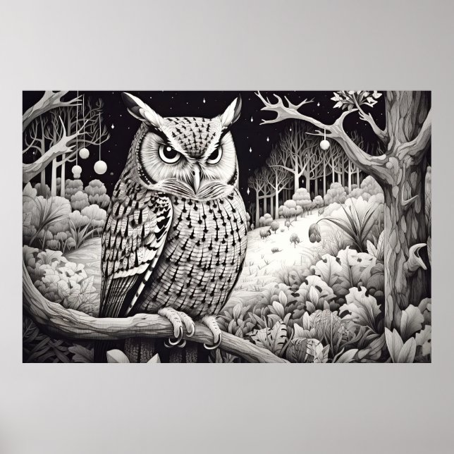 Affiche Hibou Nature paisible Prairie Style de dessin (Devant)