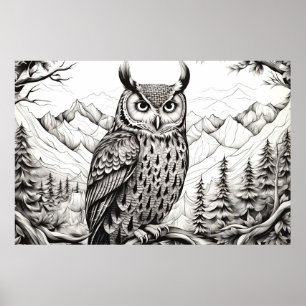 Affiche Hibou Nature paisible Prairie Style de dessin