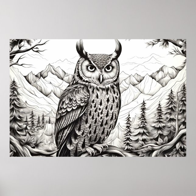 Affiche Hibou Nature paisible Prairie Style de dessin (Devant)
