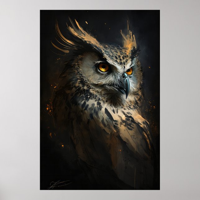 Affiche Hibou Portrait Animal Nature Faune Peinture Sombre (Devant)