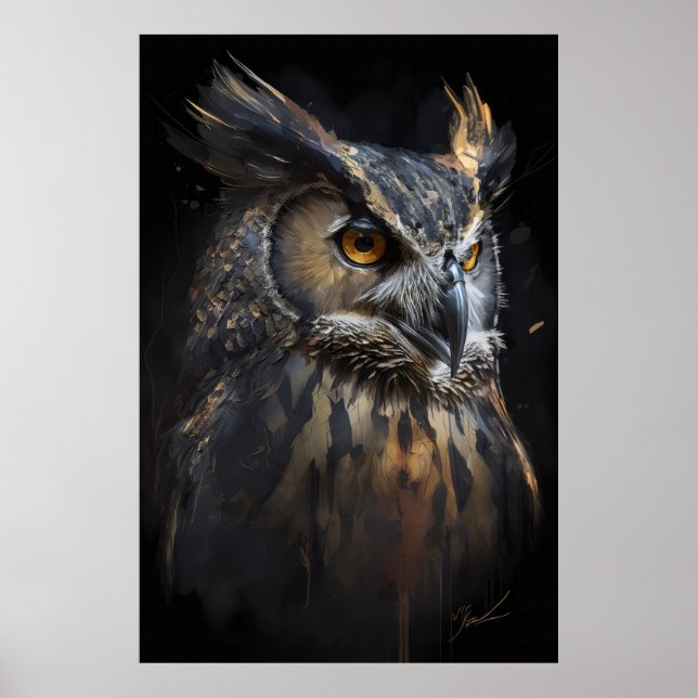 Affiche Hibou Portrait Animal Nature Faune Peinture Sombre (Devant)