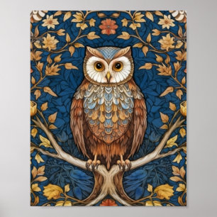 Affiche Hibou sur une branche bleu automne arrière - plan