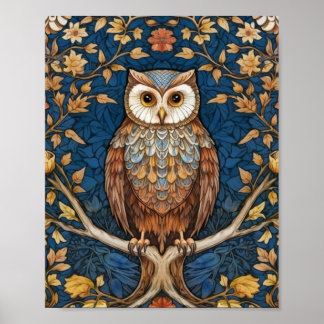 Affiche Hibou sur une branche bleu automne arrière - plan