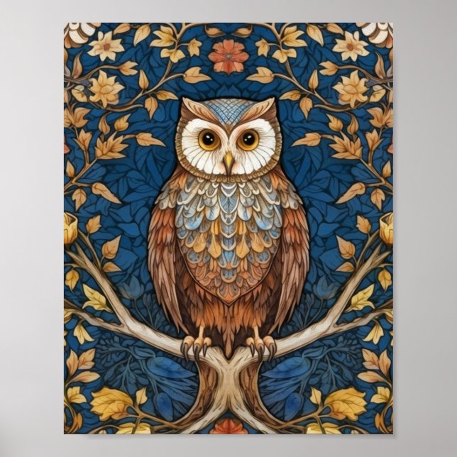 Affiche Hibou sur une branche bleu automne arrière - plan  (Devant)