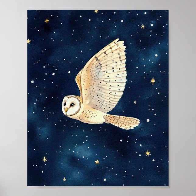 Affiche Hibou volant à travers Starry Night Aquarelle Xmas (Devant)