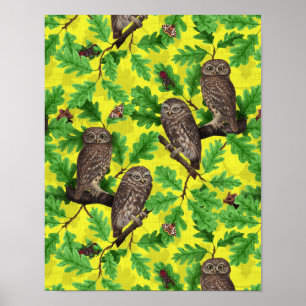 Affiche Hiboux dans la forêt sur fond jaune citron