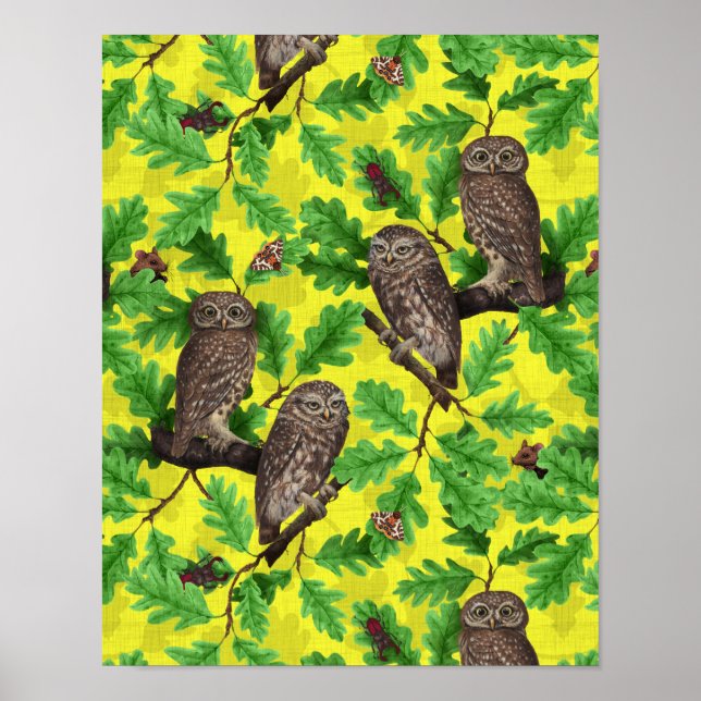Affiche Hiboux dans la forêt sur fond jaune citron (Devant)
