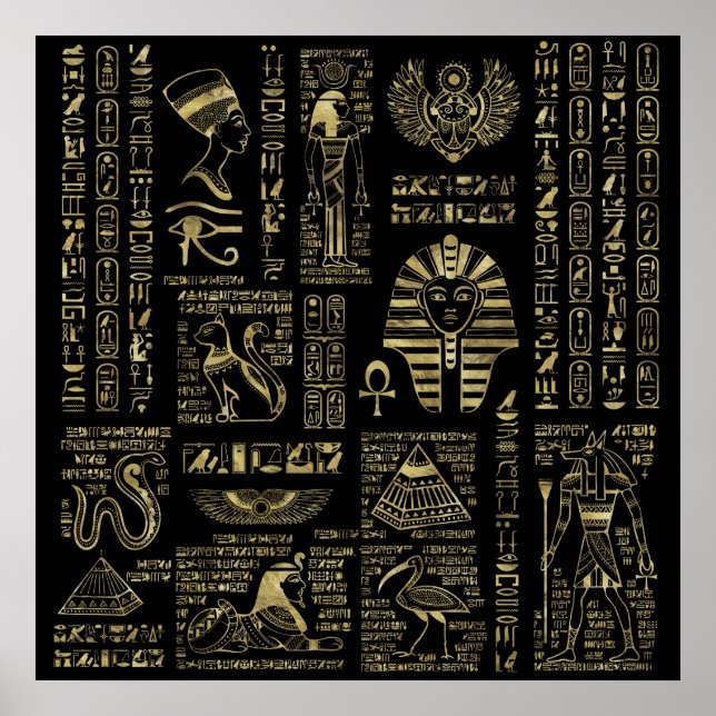Affiche Hiéroglyphes et divinités égyptiens or sur noir (Devant)