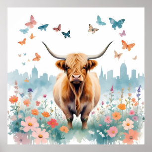 Affiche Highland Cow Animal Vintage Nature Forêt Art City