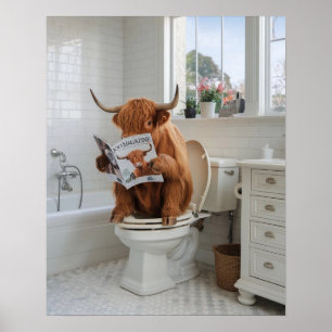Affiche Highland Cow assis sur les toilettes Lecture Salle