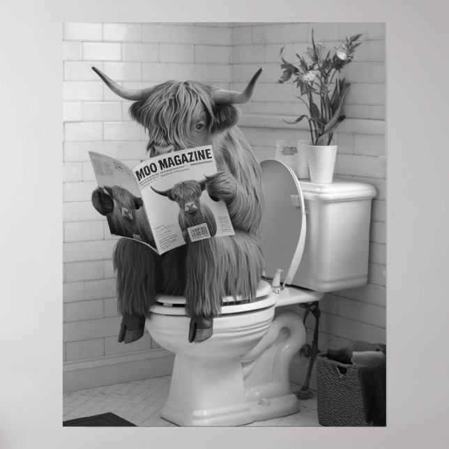 Affiche Highland Cow assis sur les toilettes Lecture Salle (Devant)