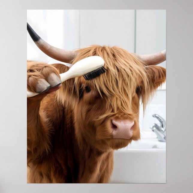 Affiche Highland Cow Brossage cheveux Se préparer Salle de (Devant)
