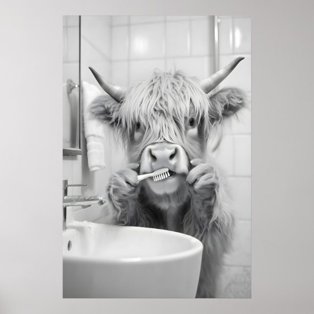 Affiche Highland Cow Brushing Teeth Print, Funny Bathroom (Devant)
