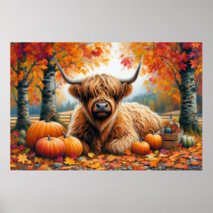 Affiche Highland Cow Fall Citrouille Aquarelle