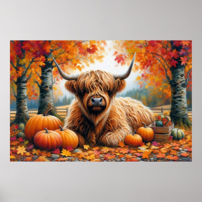 Affiche Highland Cow Fall Citrouille Aquarelle (Devant)