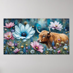 Affiche Highland Cow Floral Coloré Cosmos Tapestry II