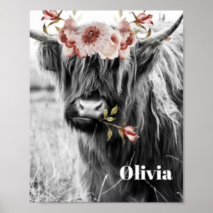 Affiche Highland Cow Floral   Western Cowgirl Kids Name