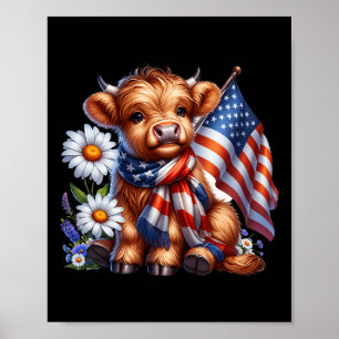 Affiche Highland Cow Flores 4 Juillet Drapeau Usa Patrioti