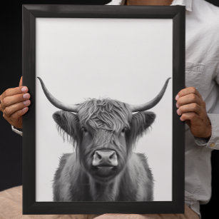 Affiche Highland Cow Head Portrait noir blanc