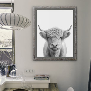 Affiche Highland Cow Head Portrait noir blanc