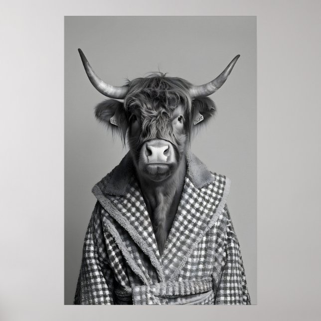 Affiche Highland Cow in Bathrobe Print, Funny Bathroom (Devant)