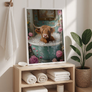 Affiche Highland Cow in Floral Bathbath Art Imprimer