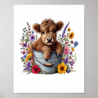 Affiche Highland Cow in Flower Bucket Png, Cute
