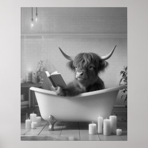 Affiche Highland Cow Lecture Bain Noir et blanc Salle de b