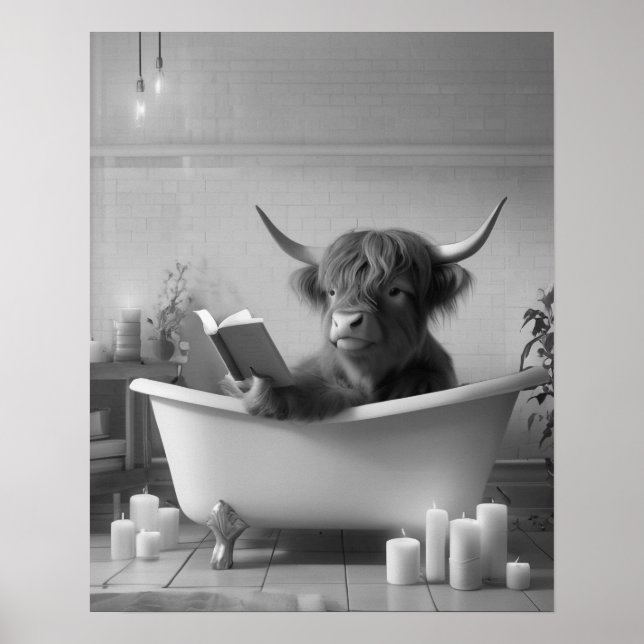 Affiche Highland Cow Lecture Bain Noir et blanc Salle de b (Devant)