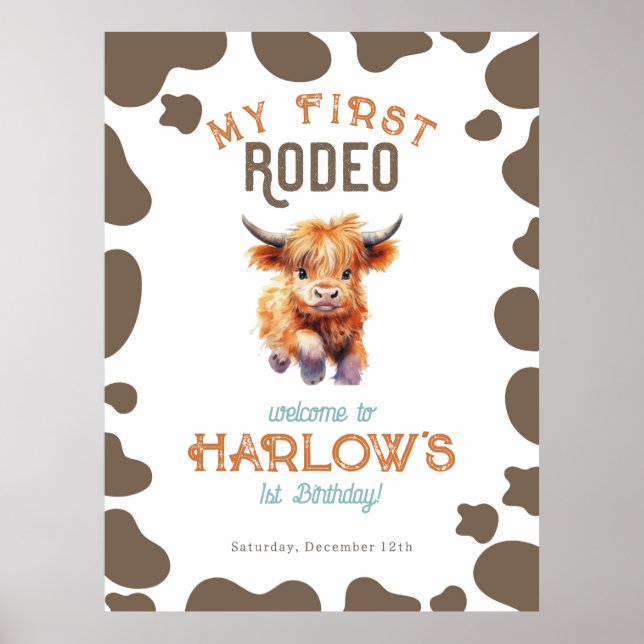 Affiche Highland Cow Mon premier rodéo 1er anniversaire (Devant)