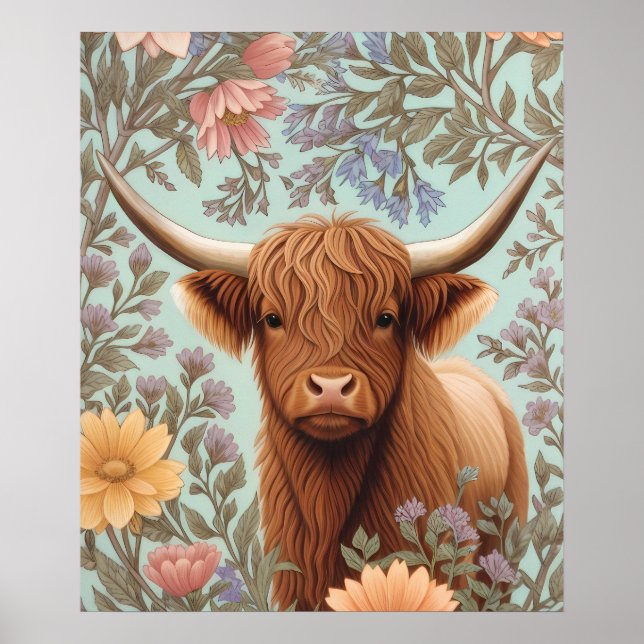 Affiche Highland Cow Pastel William Morris Inspired Floral (Devant)