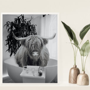 Affiche Highland Vache Baignoire Blanc noir