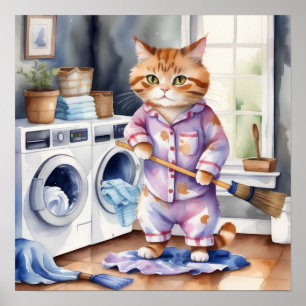 Affiche Hilarious mignon chat en pyjama faisant la blanchi