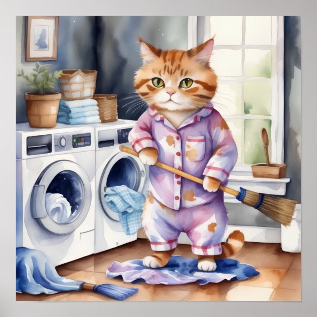 Affiche Hilarious mignon chat en pyjama faisant la blanchi (Devant)