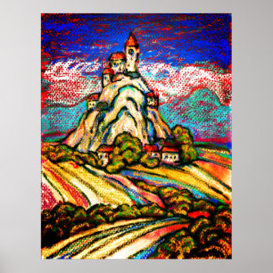 Affiche Hill Castle Colorful Pastel Imaginaire