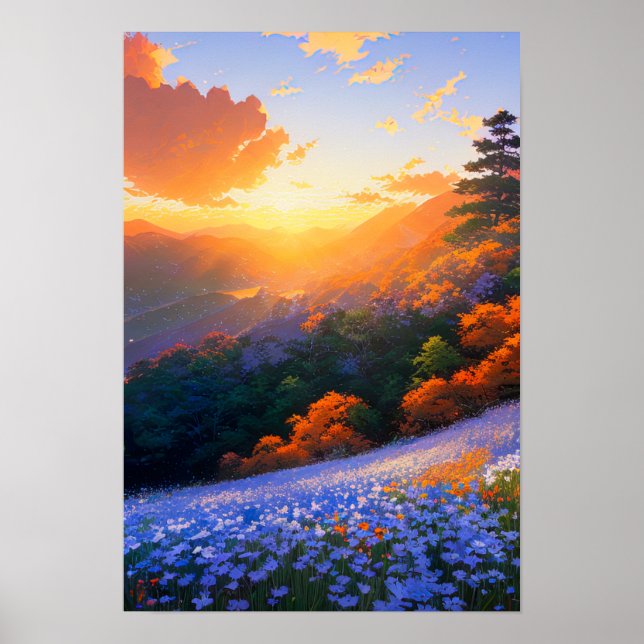 Affiche Hilltop Vista d'une vallée remplie de forêts (Devant)