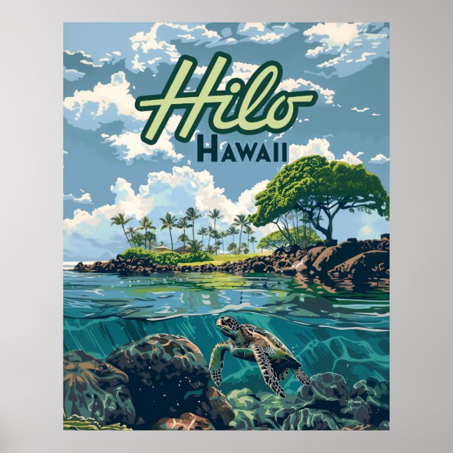 Affiche Hilo Hawaii Big Island Turtle Beach Vintage (Devant)