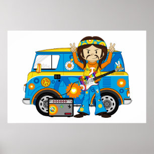 Affiche Hippie Boy avec Guitare et Camper Van