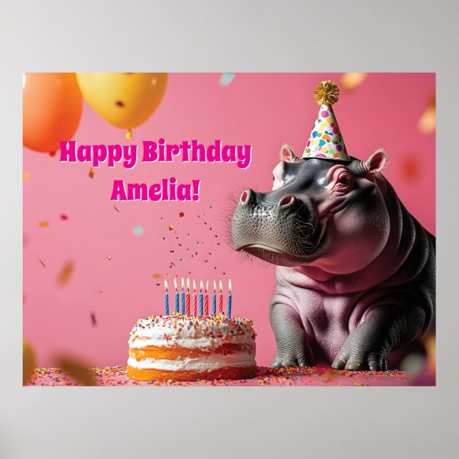 Affiche Hippo d'anniversaire avec gâteau et ballons (Devant)