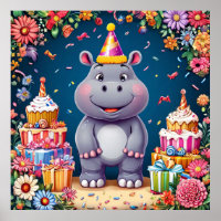 Hippo d'anniversaire avec gâteau et ballons