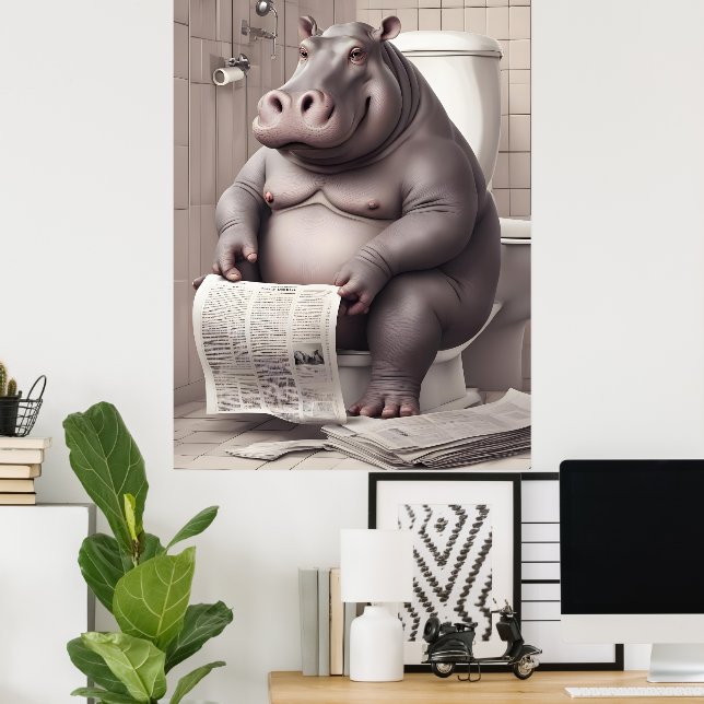 Affiche Hippo dans les toilettes Lecture des journaux (Bureau à domicile)