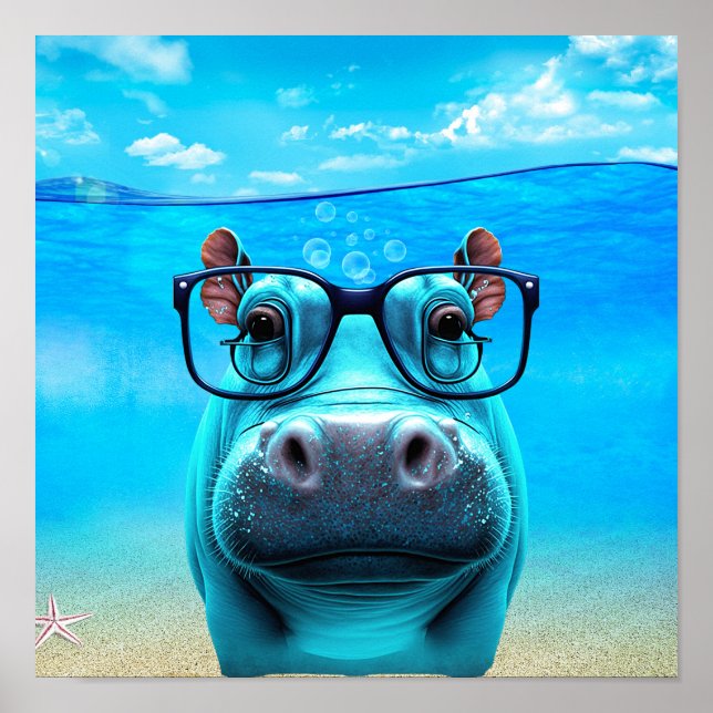 Affiche Hippo drôle avec lunettes Hippopotamus Zoo Animal (Devant)